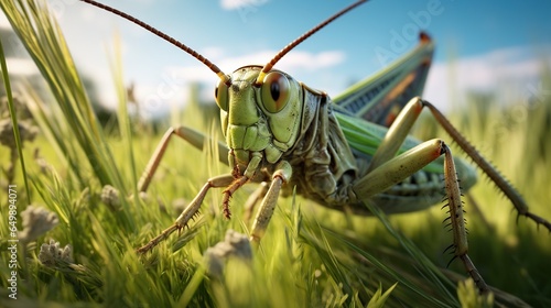  a close up of a grasshopper on a sunny day.  generative ai © Anna