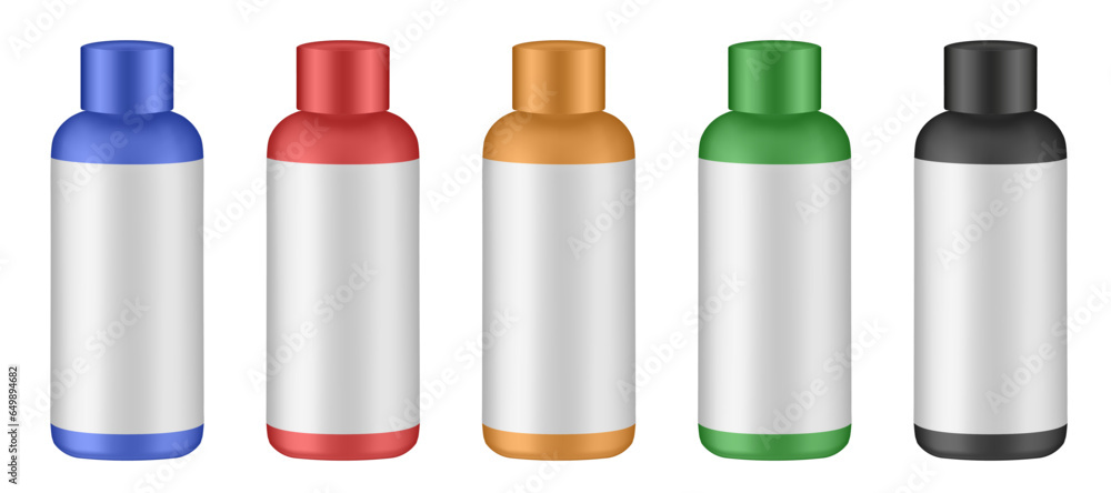 Set of cosmetic bottles with label and cap. Blue, red, orange, green and black bottles. Hair dye, oxydant cream, shampoo, shower gel or body lotion Set of cosmetic bottles with label and cap. Blue, red, orange, green and black bottles. Hair dye, oxydant cream, shampoo, shower gel or body lotion
