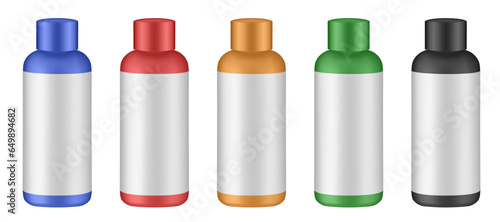 Set of cosmetic bottles with label and cap. Blue, red, orange, green and black bottles. Hair dye, oxydant cream, shampoo, shower gel or body lotion