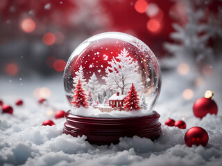 snow globe with christmas scene on frozen ground and red baubles