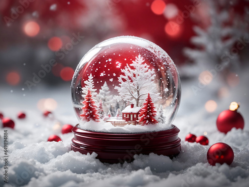 snow globe with christmas scene on frozen ground and red baubles © sirylok