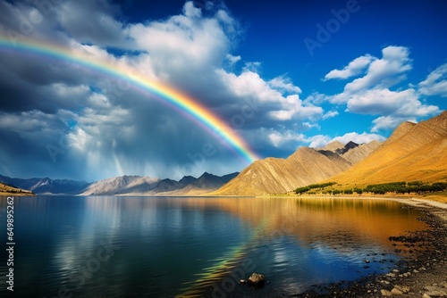 Beautiful landscape with a rainbow  lake  mountains  cloud  and blue sky. Generative AI