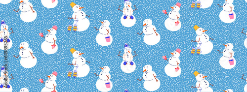 Seamless background with funny snowmen. Vector background with snowman and snow characters. Flat illustration in retro style.