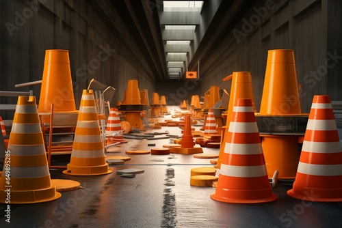 Road maintenance causing lane closure with detour signs, traffic, temporary work, orange arrow, barrels, and cones. Generative AI photo