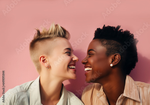  Ethical Non Monogamy. Portrait of two young girls laughing against pink background. Banner.
