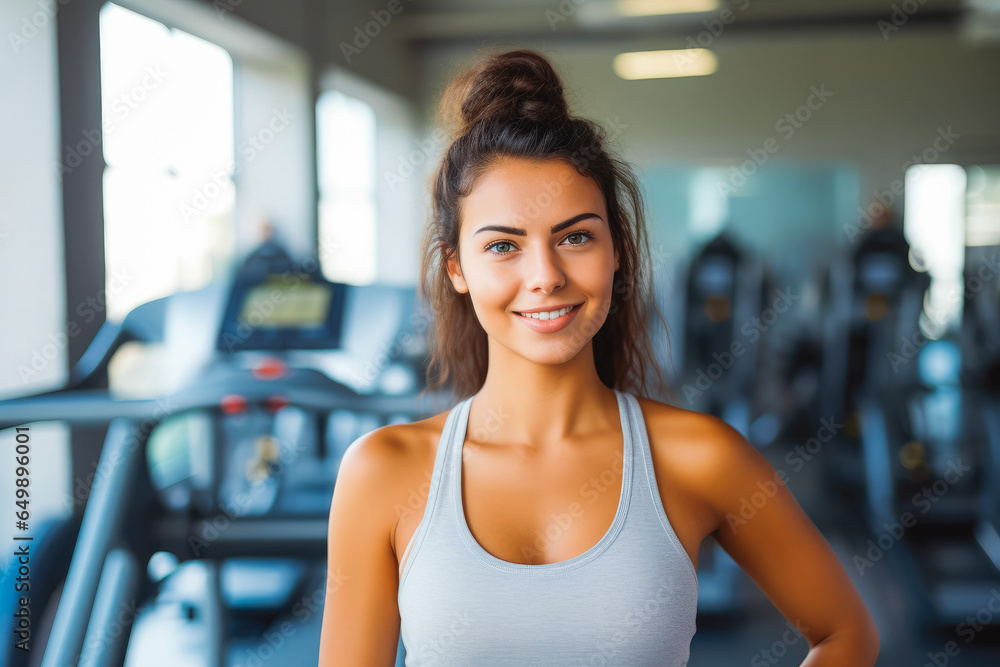 Fototapeta premium Portrait of young multiethnic sporty woman in gym. Happy athletic fit muscular woman in fitness center.
