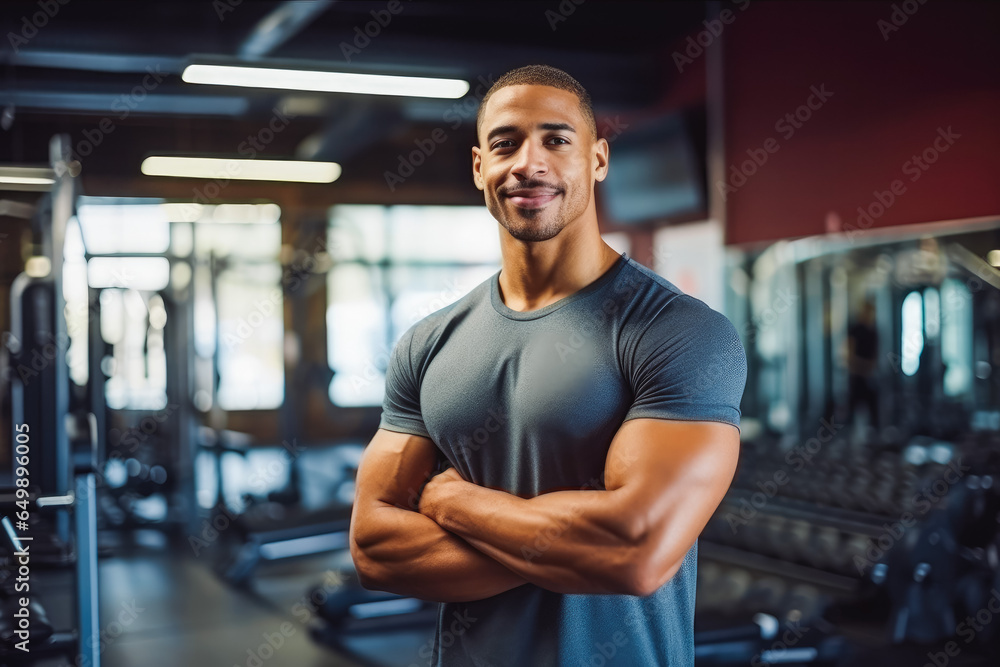Fototapeta premium Portrait of young multiethnic sporty in gym. Happy athletic fit muscular man in fitness center.