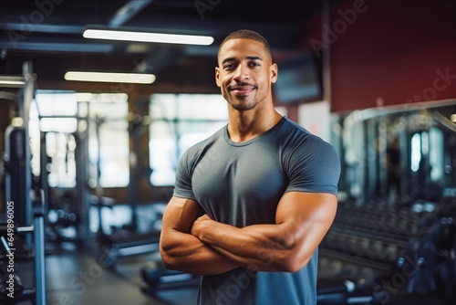 Portrait of young multiethnic sporty in gym. Happy athletic fit muscular man in fitness center.