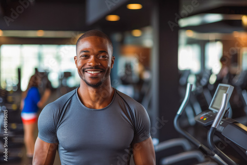 Portrait of young african sporty man in gym. Happy athletic fit muscular man in fitness center.