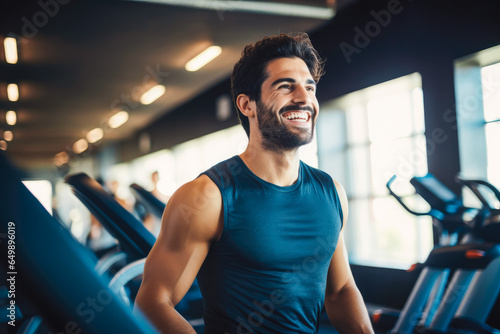 Portrait of young sporty man working out in gym. Happy athletic fit muscular man in fitness center. photo