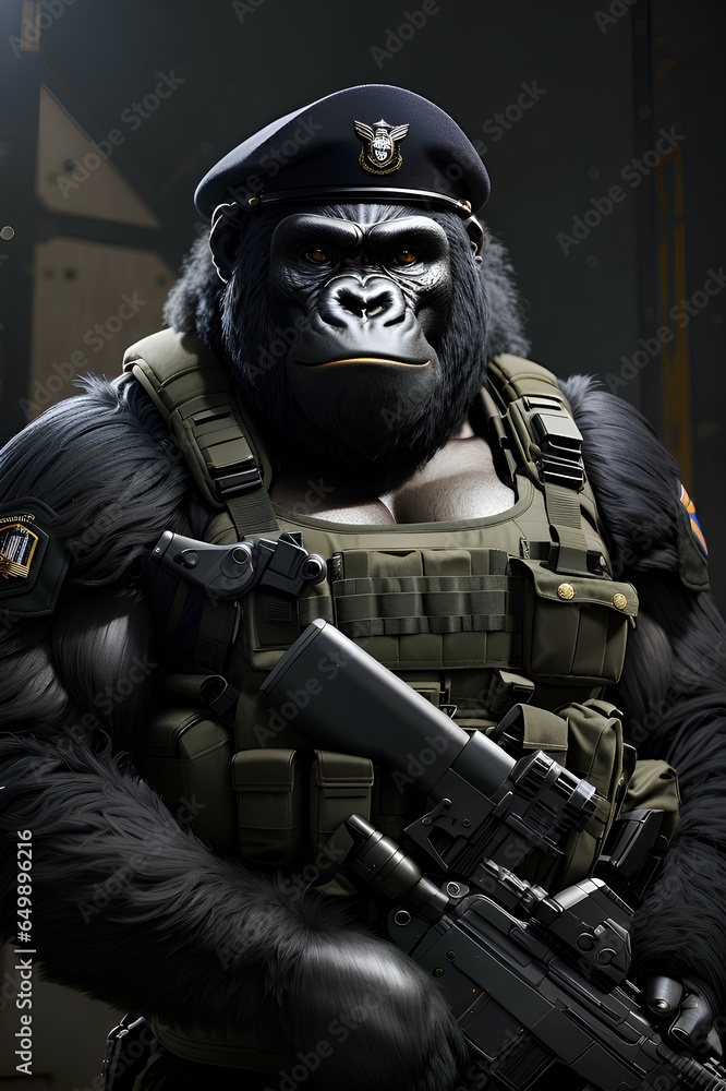Fototapeta premium a muscle gorilla wearing complete black military uniform wearing beret of special forces