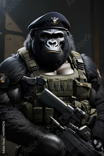a muscle gorilla wearing complete black military uniform wearing beret of special forces