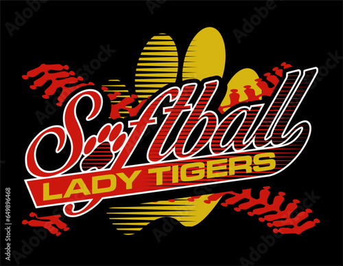 lady tigers softball team design with paw print and stitches for school, college or league sports