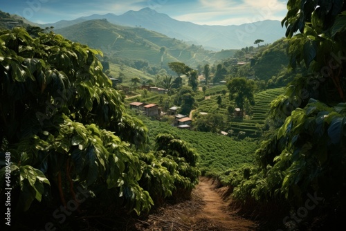 Coffee plantation sunset. Seed hill. Generate Ai photo