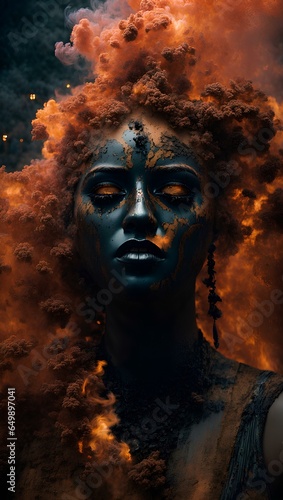 Double-masking photography, an angry goddess formed from the smoke of a 2005 dodge ram slt cummins pickup truck, goddess Earth crying, from the smoke exits a 2005 dodge ram slt cummins pickup truck , 
