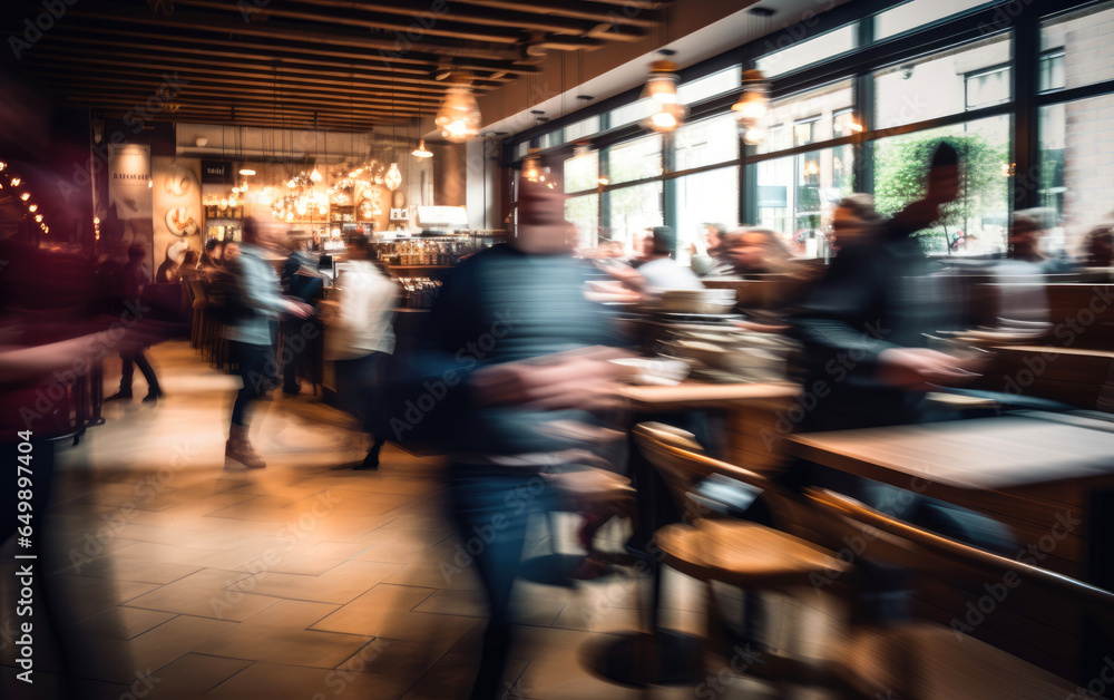 A bustling coffee shop scene with blurred customers in motion, showcasing the energy and vibe. Generative AI