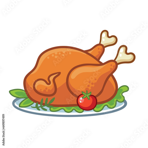 Thanksgiving turkey or roast chicken illustration in cartoon style. Vector illustration with roasted poultry on plate decorated with tomatoes.