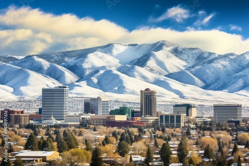 Cityscape of Reno, Nevada with downtown skyline, hotels, casinos, residential area, and snow-capped mountains as a backdrop. Generative AI