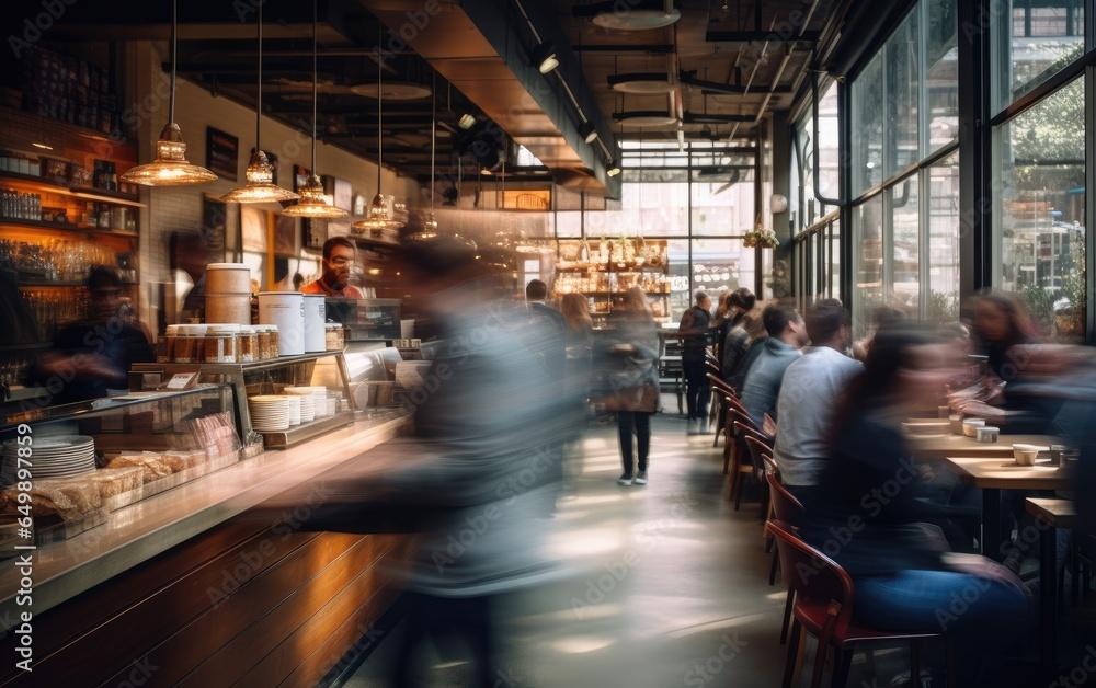 A bustling coffee shop scene with blurred customers in motion, showcasing the energy and vibe. Generative AI A bustling coffee shop scene with blurred customers in motion, showcasing the energy and vibe. Generative AI