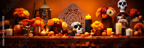 Day of Dead Offering Altar with Marigold Flowers and Sugar Skulls Banner Illustration, Mexican Indigenous Traditions, October Holidays Backdrop