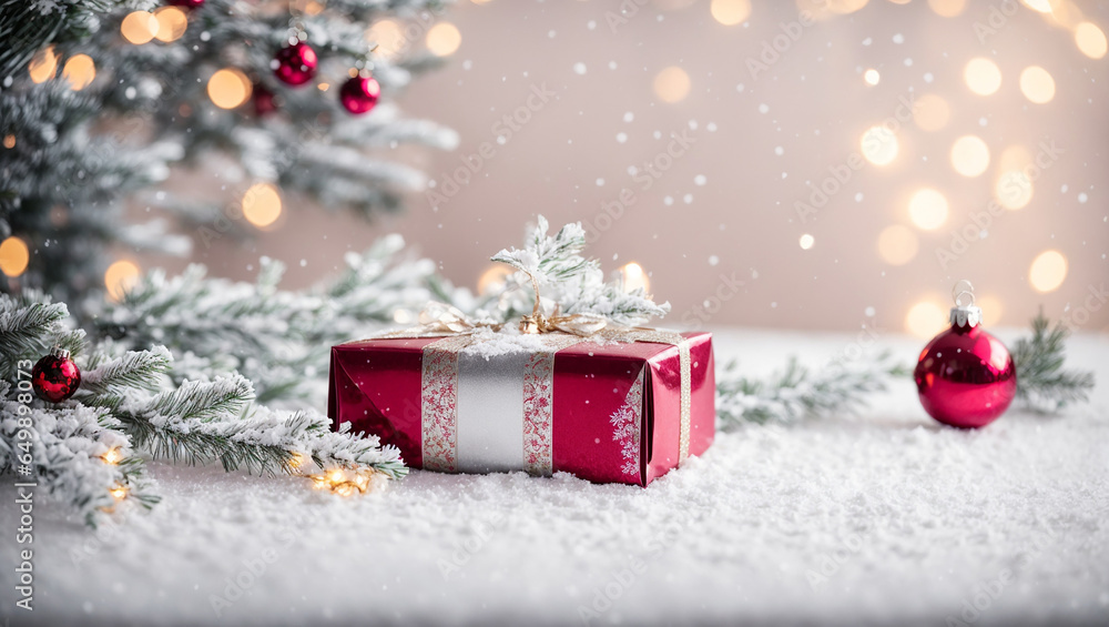 Fir branch on an old wooden background, gift box, Christmas toys, snow