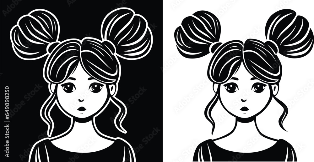 Girl with two hair buns vector illustration, Cute girl with Space buns, two hair buns on top of head black and white stock vector image Girl with two hair buns vector illustration, Cute girl with Space buns, two hair buns on top of head black and white stock vector image