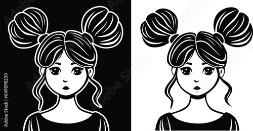 Girl with two hair buns vector illustration, Cute girl with Space buns, two hair buns on top of head black and white stock vector image 