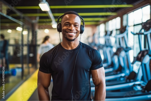 Portrait of african man with headphones in gym. Healthy active lifestyle and sports concept. Generative AI