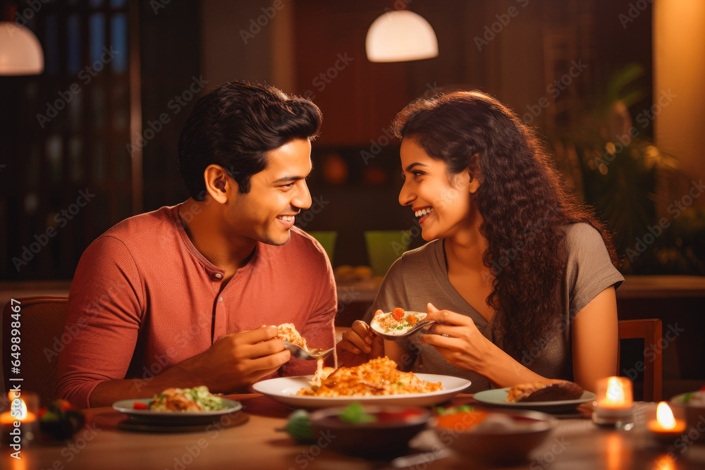 Young couple eating indian food at home. Couple on date night with delicious food. Generative AI