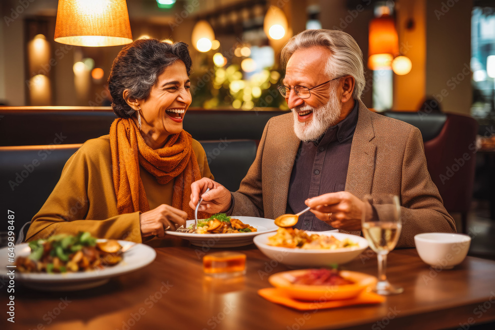 Older couple eating indian food at restaurant. Couple on date night with delicious food. Generative AI - obrazy, fototapety, plakaty 