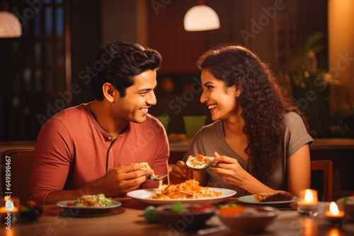 Young couple eating indian food at home. Couple on date night with delicious food. Generative AI