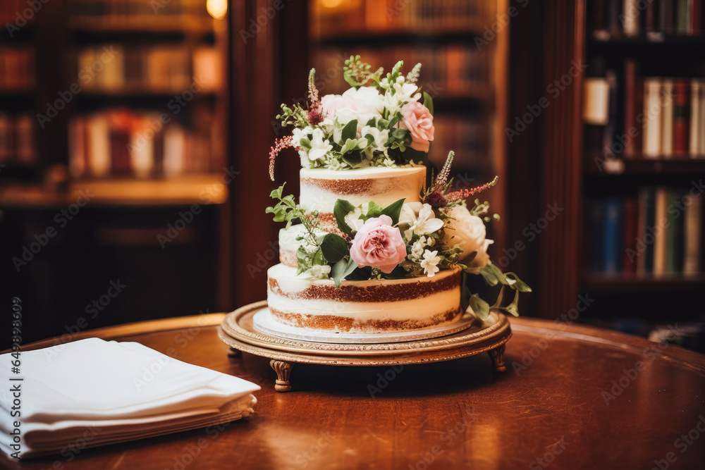 Wedding cake on table. Rich, decadent, beautiful white wedding cake on table at wedding. Generative AI