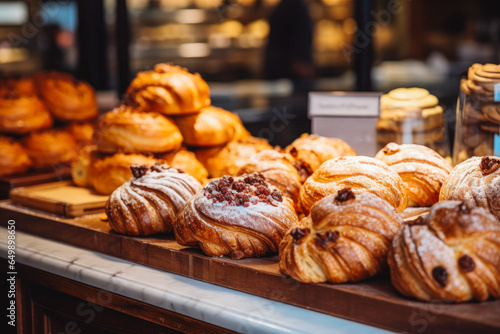 Pastries in bakery. Pastries, croissants, donuts, pain au chocolate, baked goods. Generative AI