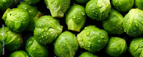 Fresh Brussels sprout vegetables, with water drops over it, closeup macro detail. Generative AI photo