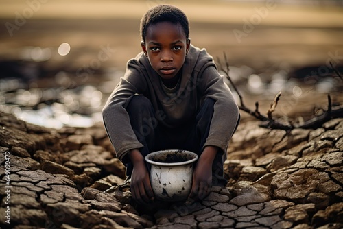A sad child in Africa close-up with an empty iron mug against the backdrop of a dry river bed. Drought, water shortage problem.