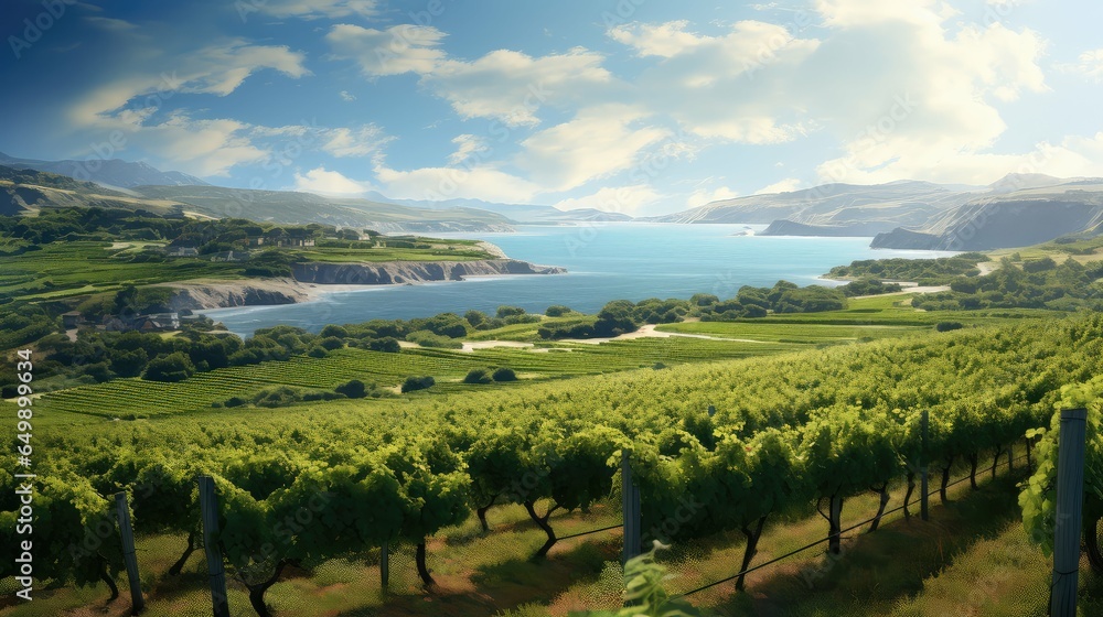 Naklejka premium travel seaside vineyards coastal illustration beach sea, island nature, landscape seascape travel seaside vineyards coastal