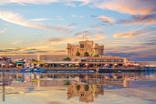 View of the Citadel of Qaitbay and beautiful Mediterranean sea coast in Alexandria, Egypt photo