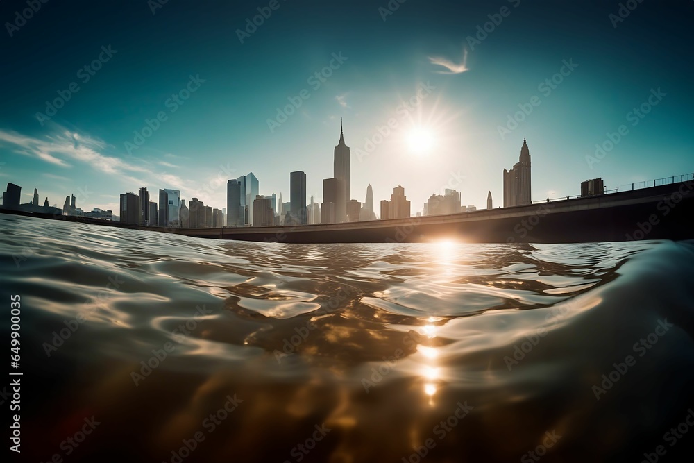 A split-level shot capturing a cityscape from the perspective of a river, with the camera half-submerged. The bottom half of the frame reveals the riverbed, while the top half shows a blurred city sky