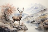 a wild deer quenching its thirst amidst scenic mountain landscapes. Generative AI