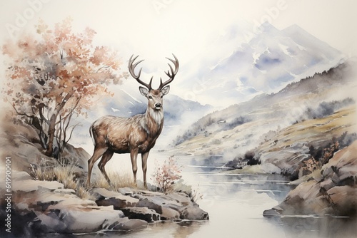 a wild deer quenching its thirst amidst scenic mountain landscapes. Generative AI