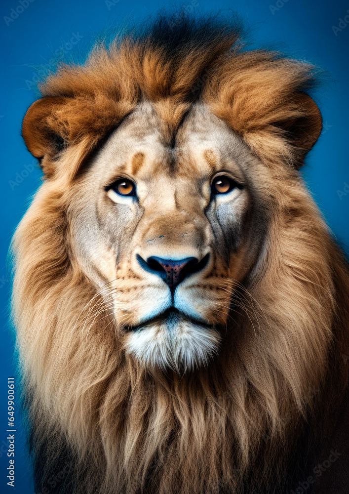 Animal portrait of a lion on a blue background conceptual for frame
