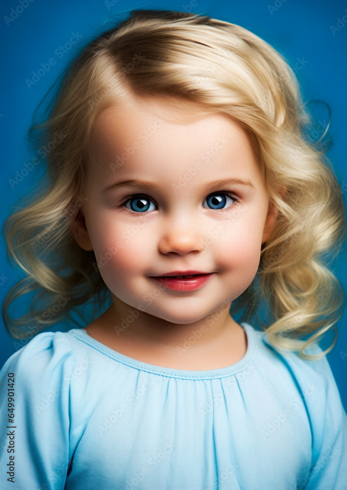 Blonde girl in blue clothes on a conceptual blue background for frame
