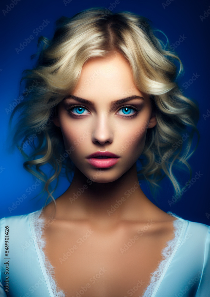 Blonde woman in blue clothes on a conceptual blue background for frame