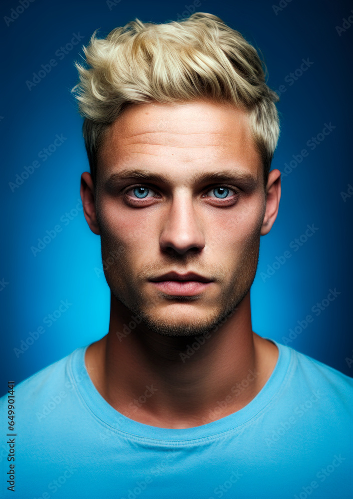 Blond man in blue clothes on a conceptual blue background for frame