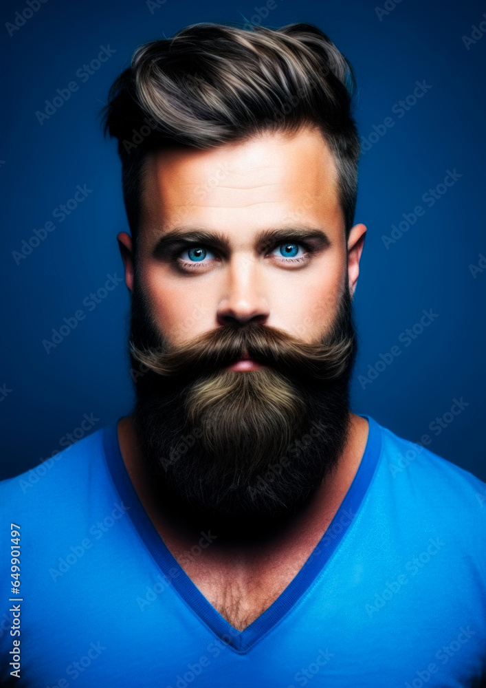 Man with a beard in blue clothes on a conceptual blue background for frame