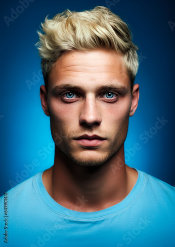 Obraz na płótnie Blond man in blue clothes on a conceptual blue background for frame w salonie