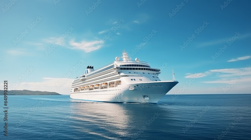 Behold the impressive stern of a magnificent cruise ship, a gleaming white vessel, sailing gracefully in the vast expanse of the ocean. This epitomizes the essence of exclusive tourism, offering