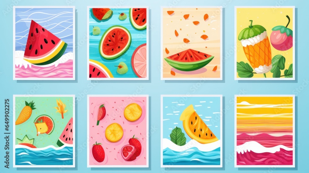 Embrace the essence of summer with this collection of vector illustrations featuring ice cream, ripe bananas, juicy watermelons, beach shorts, and the tranquil sea