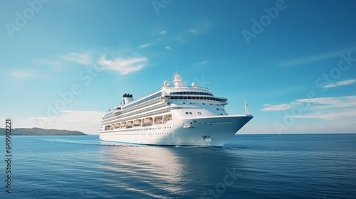 Behold the impressive stern of a magnificent cruise ship, a gleaming white vessel, sailing gracefully in the vast expanse of the ocean. This epitomizes the essence of exclusive tourism, offering © Chingiz