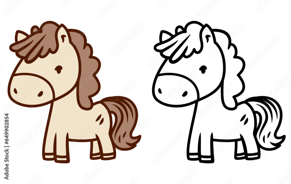 Cute horse in doodle style vector illustration, Cute pony in doodle cartoon colored and black and white stock vector image